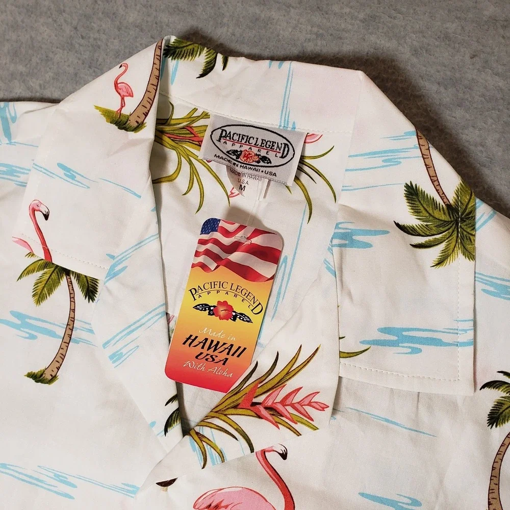 Pacific Legend Flamingo Hawaiian Shirt Mens Medium White Tropical Palm Tree New - Picture 3 of 5